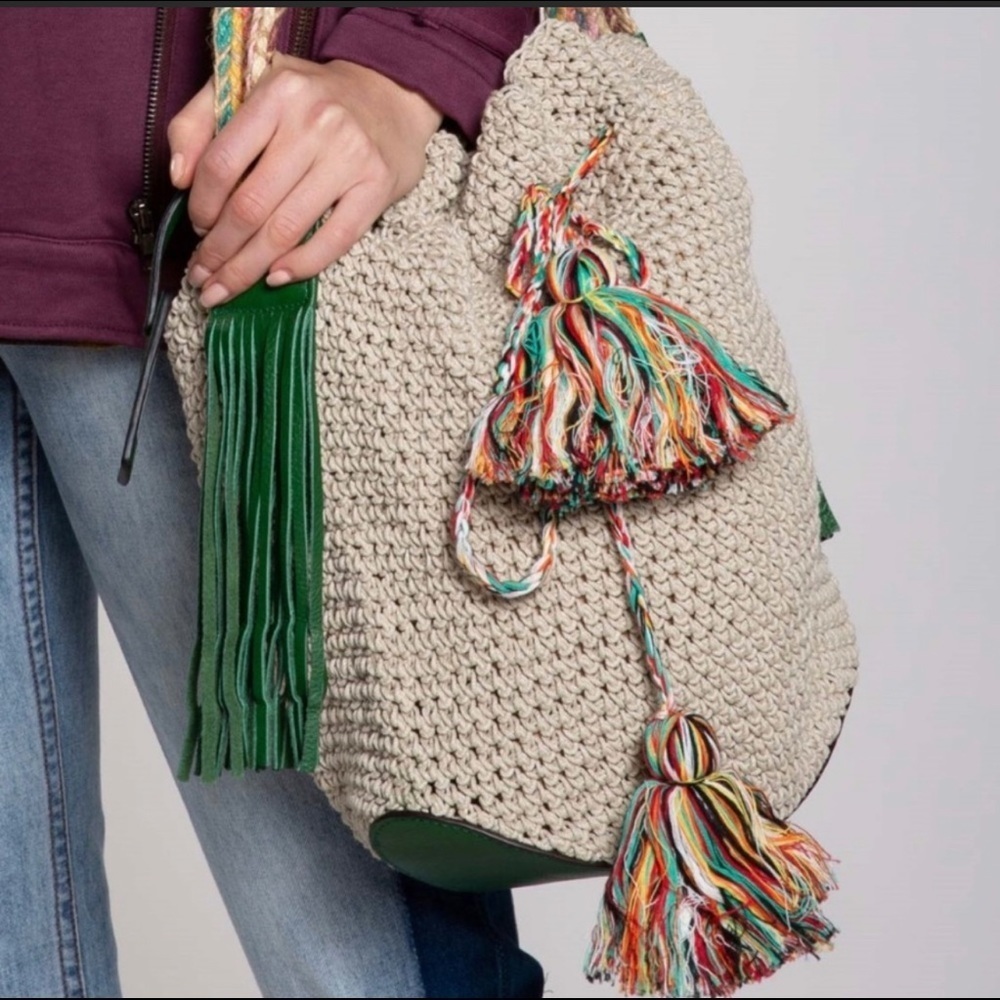Boho Crochet & Leather Bucket Bag